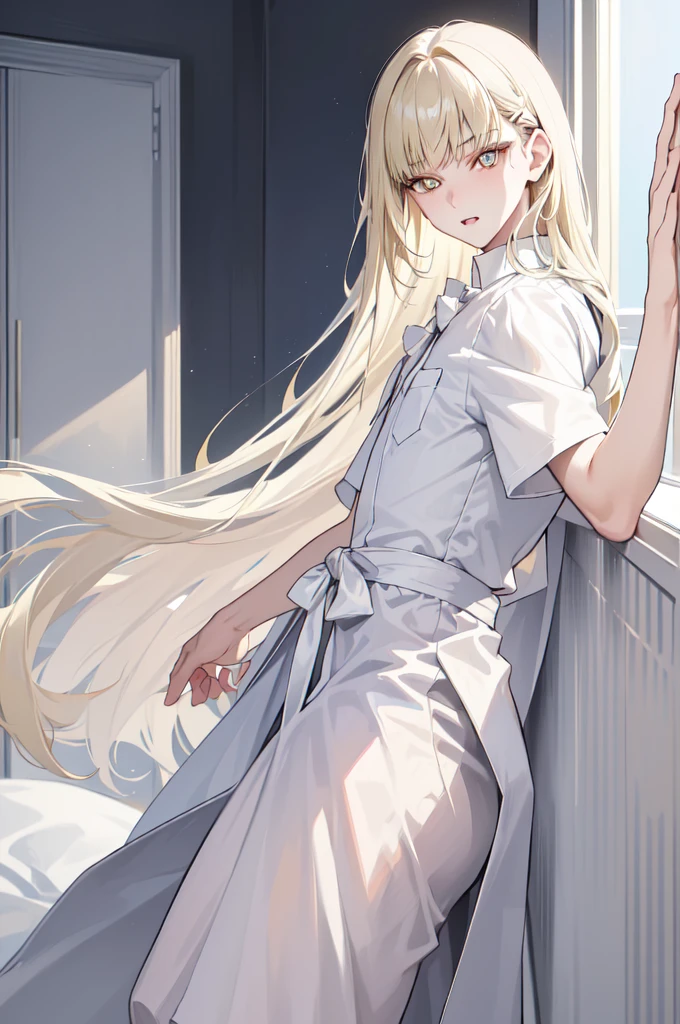 A boy with short straight light blonde hair, fair skin and light yellow eyes. He wears delicate white clothes.