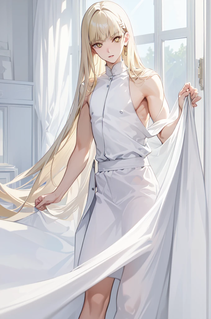 A boy with short straight light blonde hair, fair skin and light yellow eyes. He wears delicate white clothes.