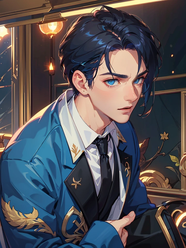 (masuter piece,Best Quality,Ultra-detailed), (A detailed face), 1boy, A young man who left his boyhood behind,(front-facing view),(Photorealsitic:1.2),(side lights,Beautiful Eyes of Details:1.2),銀 colored hair,Face focus,Black suit,Black jacket,Black necktie,Vampires,Confident,10 Billion Man,blue eyess,Mafioso,Secret associations,manos detalladas