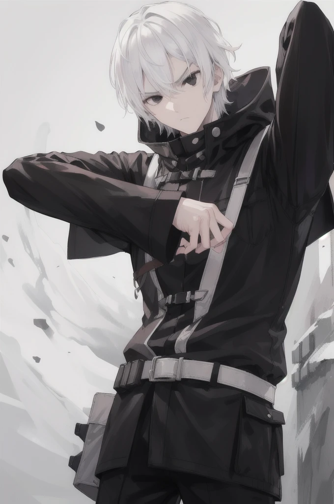 boy, white hair, black eyes, black hunter clothing, serious face