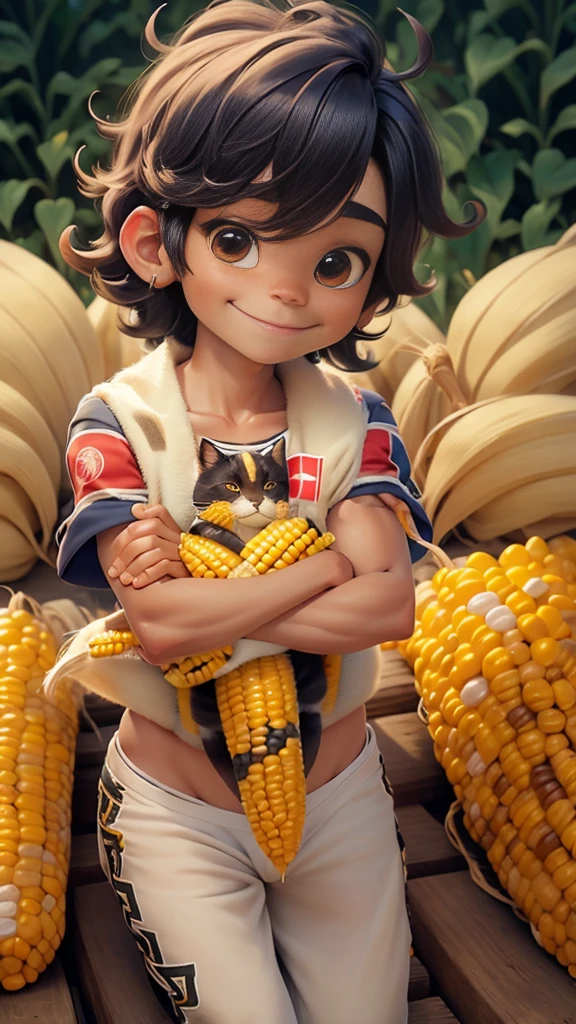 Male, cute boy, Peru flag, background, protecting the corn, corn bodies with eyes and smile, Peru flag, PANTHERS ANIMALS IN BACK 
