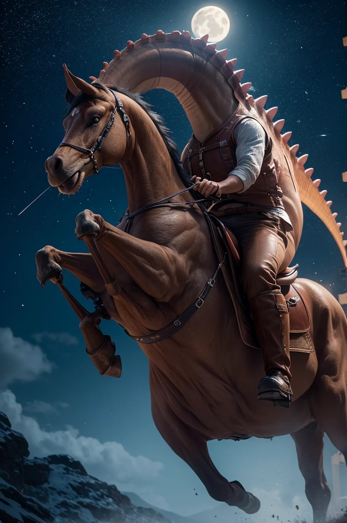 Create a dinosaur riding a horse at night 