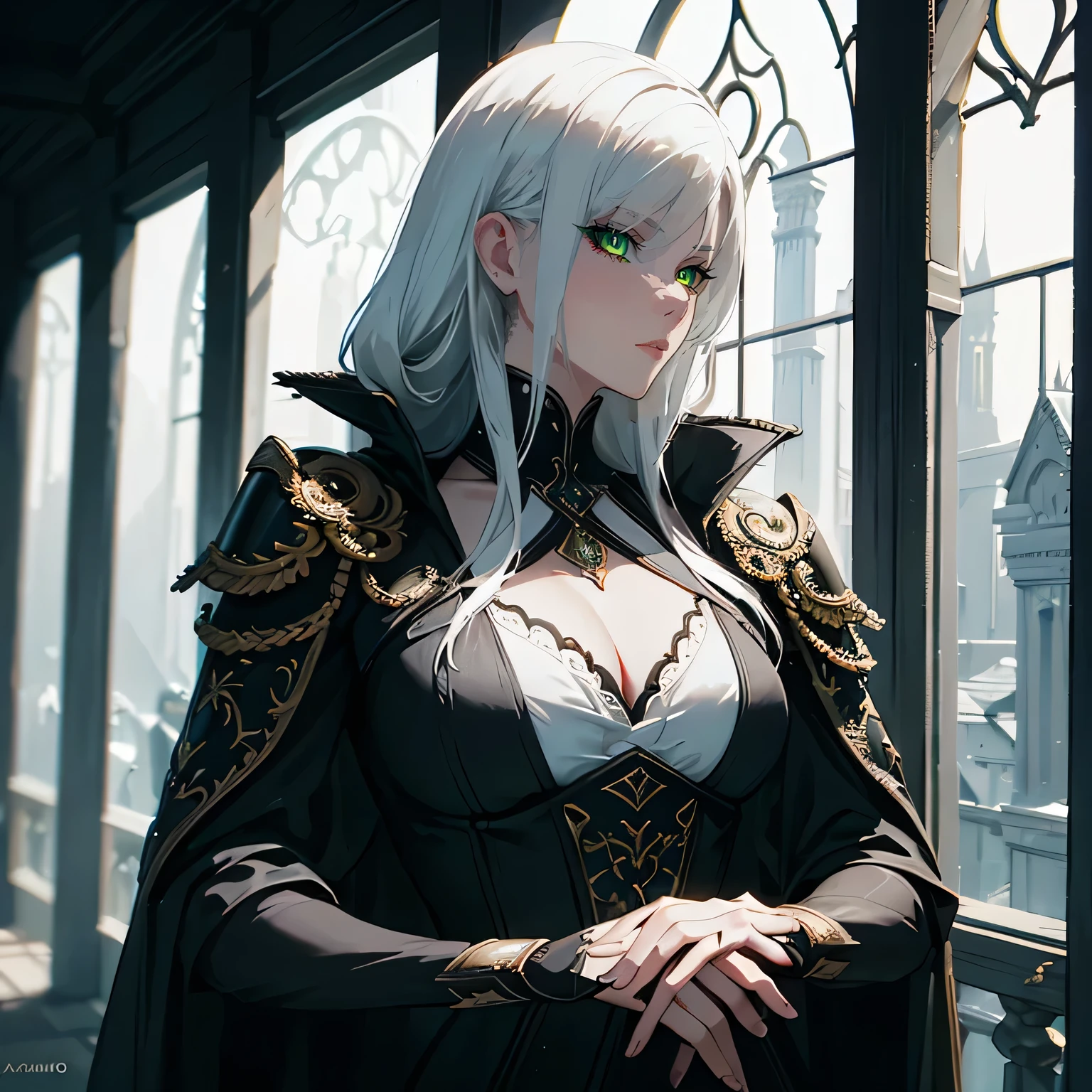 a mature woman assassin, seductive, dressed modestly, white hair, detailed green eyes, masterpiece, photorealistic, ultra-detailed, cinematic lighting, dramatic atmosphere, intricate details, elegant pose, high-quality, vibrant colors, chiaroscuro lighting, moody, mysterious, fantasy, concept art