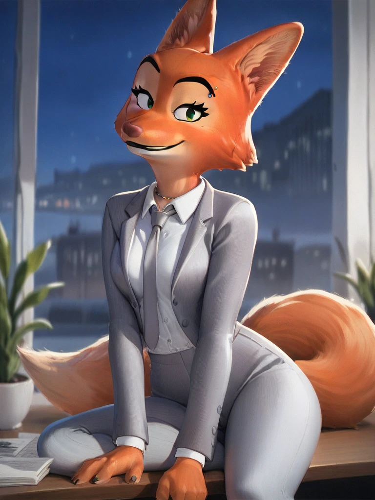 Solo, Female, Diane_Foxington, ginger fur, emerald eyes, black lipstick, black eyebrows, silver piercings on eyebrow, fox tail, (Wearing white button shirt, Grey pants, White tights, Grey tie, Grey blazer), smirk, looking at viewer, (Detailed background), Government building, Sitting down on meeting table, (Night sky)