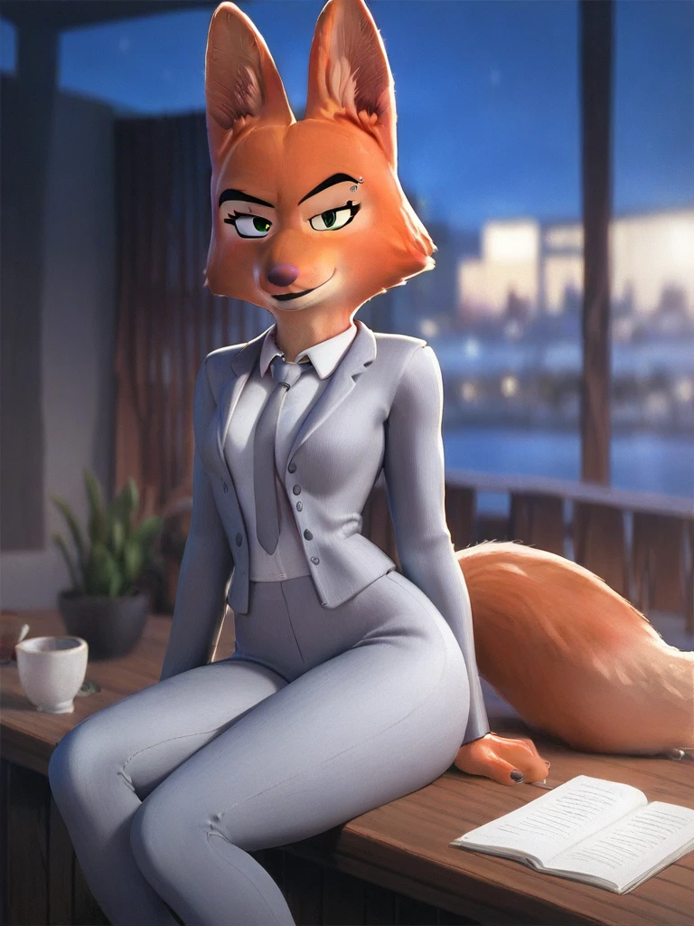 Solo, Female, Diane_Foxington, ginger fur, emerald eyes, black lipstick, black eyebrows, silver piercings on eyebrow, fox tail, (Wearing white button shirt, Grey pants, White tights, Grey tie, Grey blazer), smirk, looking at viewer, (Detailed background), Government building, Sitting down on meeting table, (Night sky)