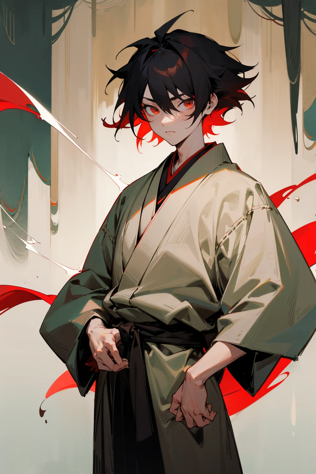 Forest Background, Masterpiece Quality, Perfect Generation, , Detailed Eyes, , Red And Black Short Messy Hair, White And Red Haori, Determined Expression,, , , Standing, Facing Viewer, Male, , Clothed, Kimono, Night, , , Sheathed Katana on hip, Standing In Forest,