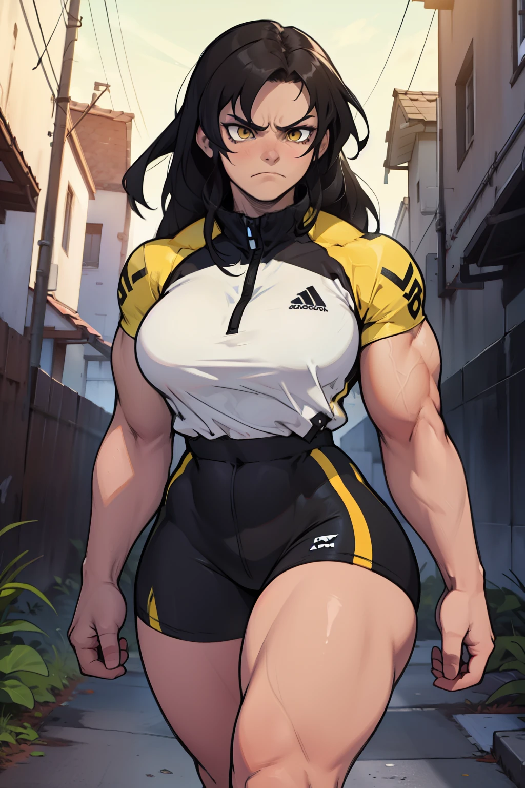muscular girl large breasts thick thick thick thick thick black hair yellow eyes pale skin disappointed frown athletic female