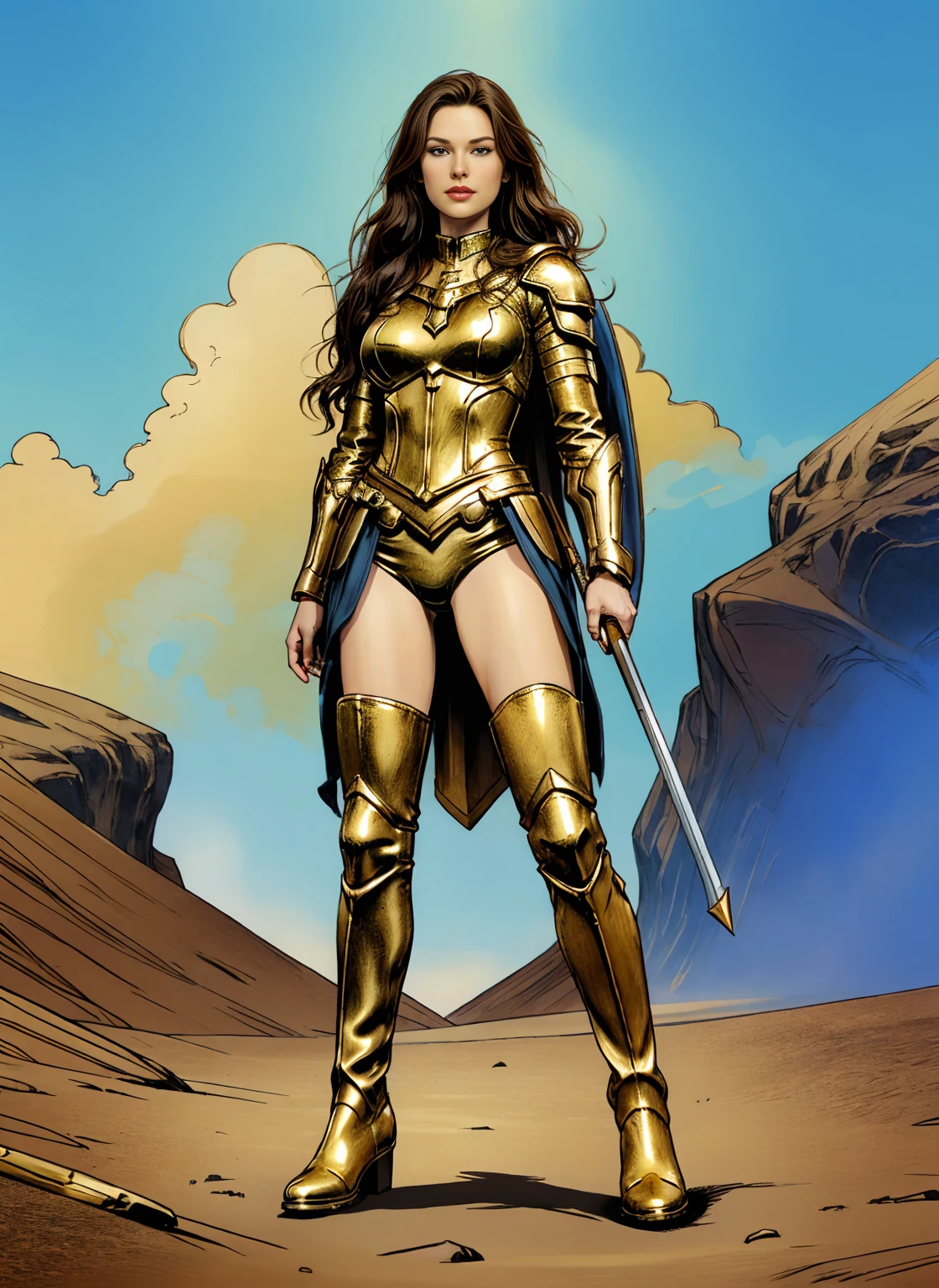 ((Full body photo, standing, feet on the ground)) Alison Tyler as a Valkyrie of Asgard, blue eyes, long brown hair, perfect body, Lady Knight, (perfect anatomy), (perfect face and eyes) (undeformed eyes) golden goddess Athena, armor covers the whole body, full armor great details, art, full body, with gold cowboy lace at the waist, artwork, full body, with golden boots.