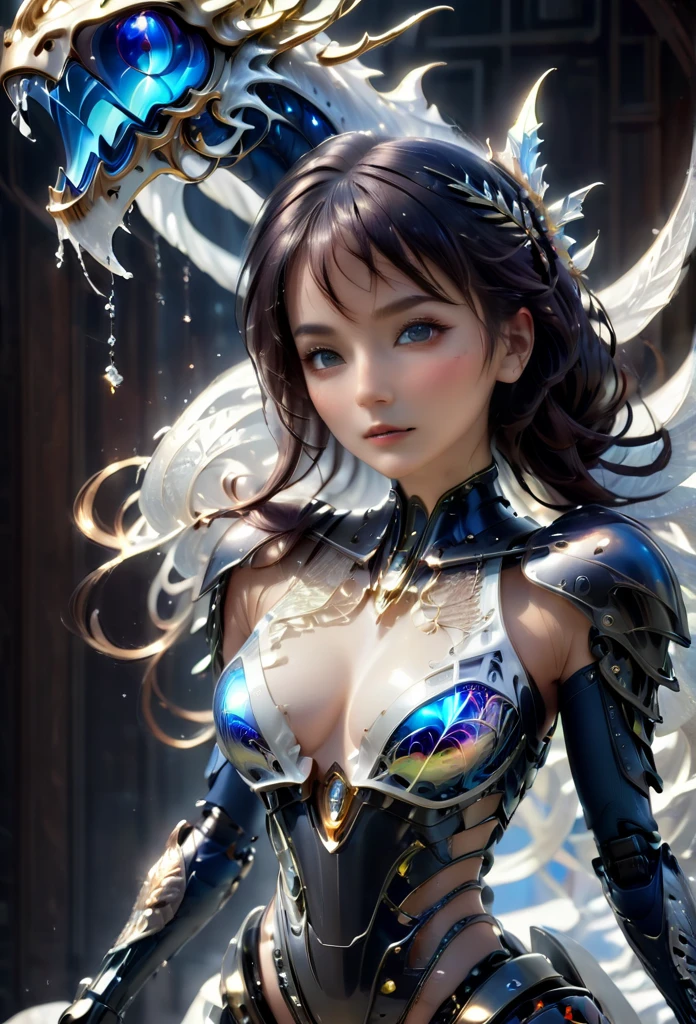 01_(Epic Character) (Dragon Girl). Horizontal composition, with some offset from the center-wide format. (Very beautiful creature, graceful form). (Alien creature, determined nature, menacingly beautiful). (Dragon Girl, a fantastic fantasy image, a creature with clear white skin, created for love, consists of graceful forms shimmering in the light, he is ready to love). (The body is covered with armor, armor). A very beautiful head, alien shape, (hair fetish hairstyle, shamanic amulets). Very beautiful - exotic face, slanted eyes, sensual lips, parted mouth, white - neat teeth, small fangs. A half-naked body with white pearlescent skin, a wide neckline, and small beautiful breasts, the body is covered with an exoskeleton, scars, hard black scales, the texture of the exoskeleton with artificial material (stone plastic and bionics, ground, polished, smooth, bas-relief, bionics, cyberpunk – they decorate protective plates on a very beautiful body, shoulders, knees, arms). Anatomy of an alien creature with pronounced sexual forms. The armor is decorated with scars - notches, relic bas-reliefs of alien meaning. 02_The composition is located in a horizontal frame. Eliminate symmetry, the main mass is not placed clearly in the center - with a slight offset. Magic, fantasy, sexual nature.
03_ Cold range of lighting, evening, snow storm, elements, gusty wind, slanting snow whirlwinds, dark blue, snowy background. Contrasting, clear lighting, warm magical light, clear cold shadows, contrasting image. Ice, snow, snow decor, intricate patterns. The highest image quality, a masterpiece, computer graphics. Cinematic level of performance, animated film. HD quality, wide format, 8K. 3D visualization. The scene was recreated using Unreal Engine. The highest quality, details, textures, materials, and clear forms (smooth bionic, synthetic material, artificial stone, plastic, metal). Black radiance from the depths of forms. Frontal view from camera, perspective, with watery ceilings, d