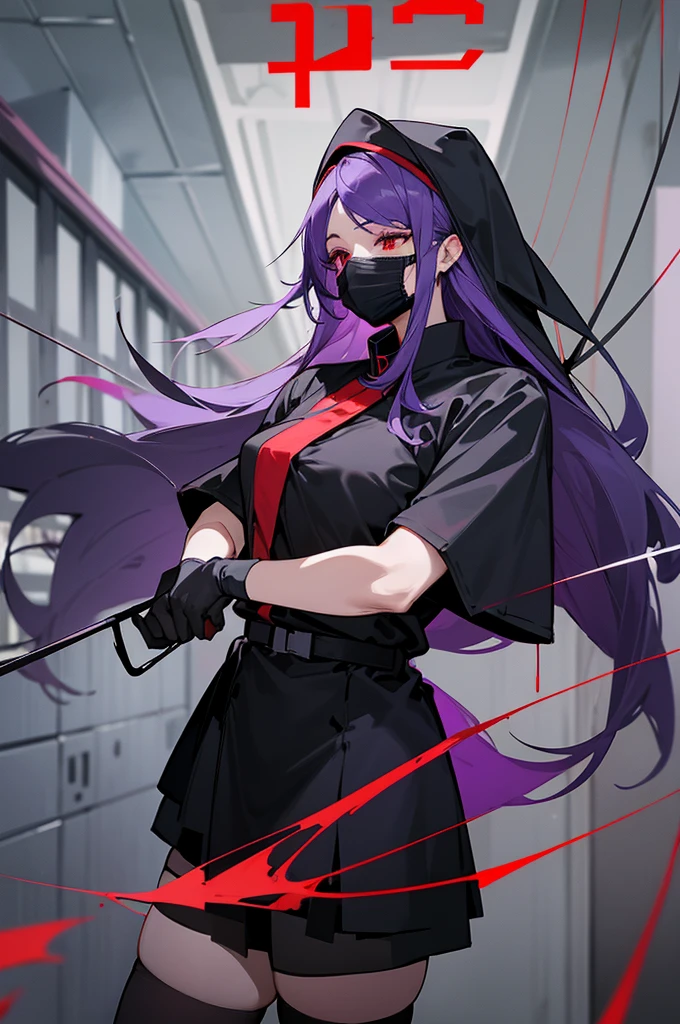 black nurse, 1 female, black nurse cap, Black Wear, ((black legwear, zettai ryouiki)), black elbow gloves, long hair, purple hair, red eyes, ((Black surgical mask, Covered nose)), Are standing, ((operating room)), sharp outline, short sleeve, mature woman, 35 years old, highest quality, masterpiece