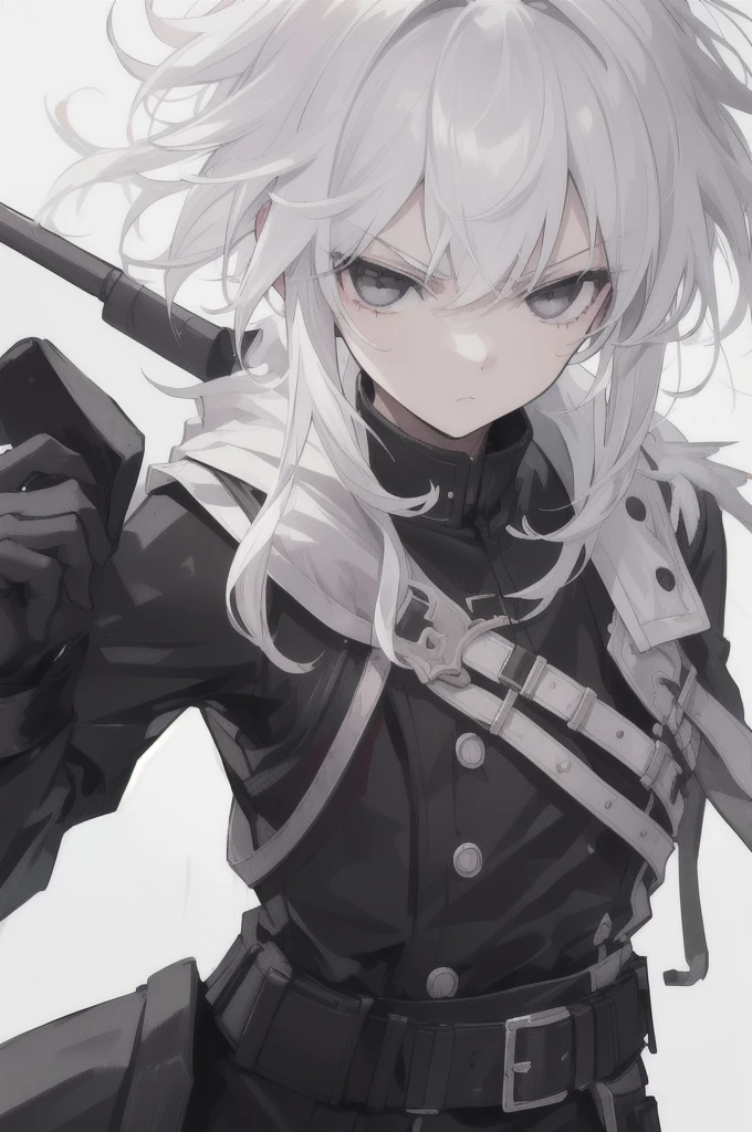 boy, white hair, black eyes, black hunter clothing, serious face
