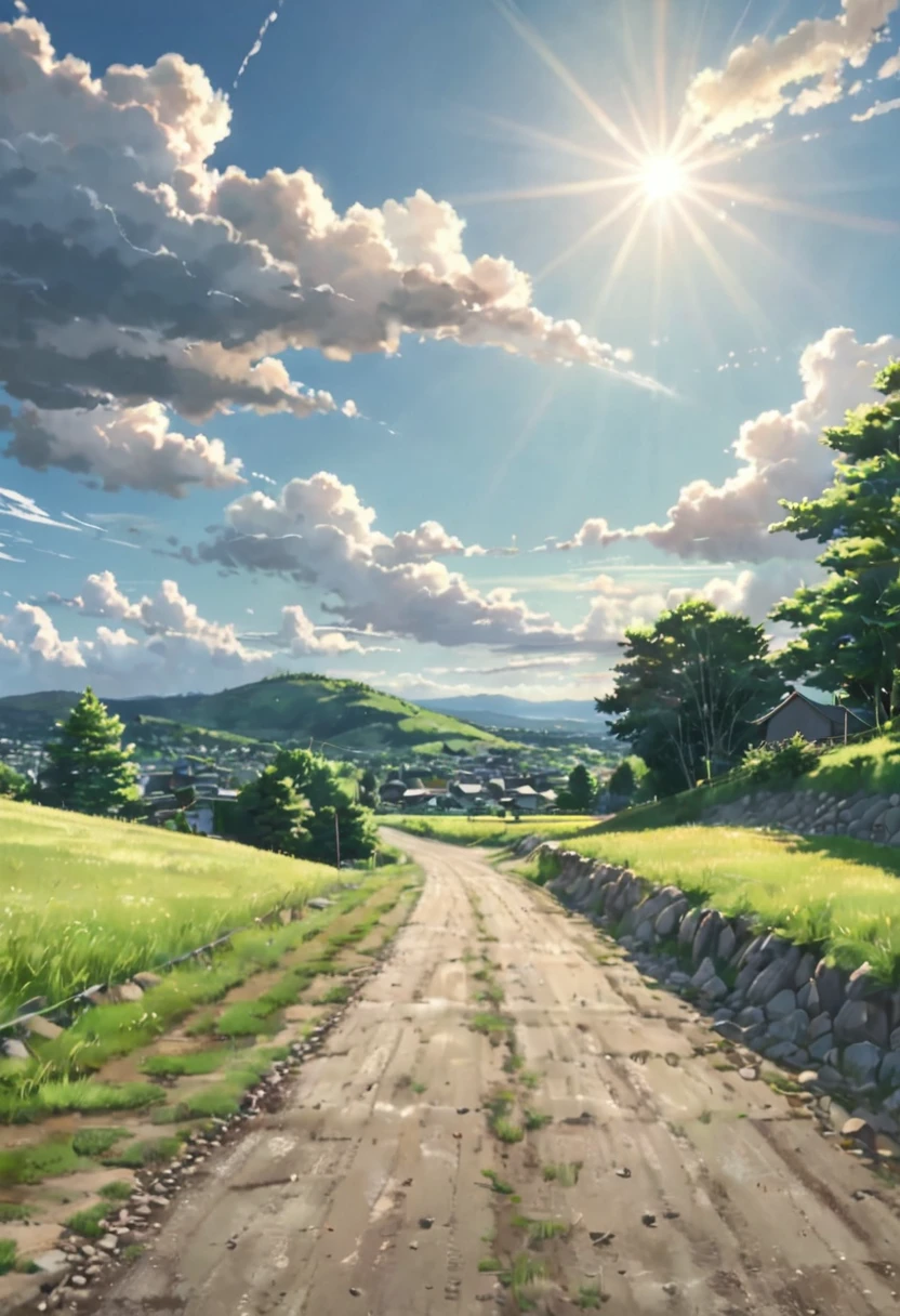 (Background),Summer countryside, residential area on a hill, grass, trees and gravel road, summer incoming clouds, beautiful contrast between sun and shadow. 8K image quality (Makoto Shinkai)
Style)