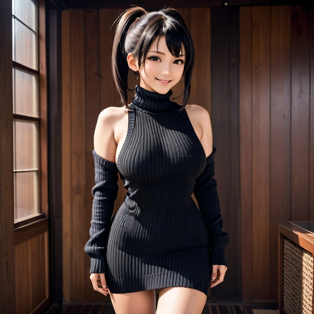 masterpiece, Highest quality, One girl, short ponytail、black hair、virgin killer sweater, (sweater dress:1.2), ribbed sweater,sideboob,cleavage cutout, turtleneck sweater,(broen sweater:1.3),(crop top navel:0.8)、sleeveless,gentle smile、Very sexy、upper body,from front,huge breasts