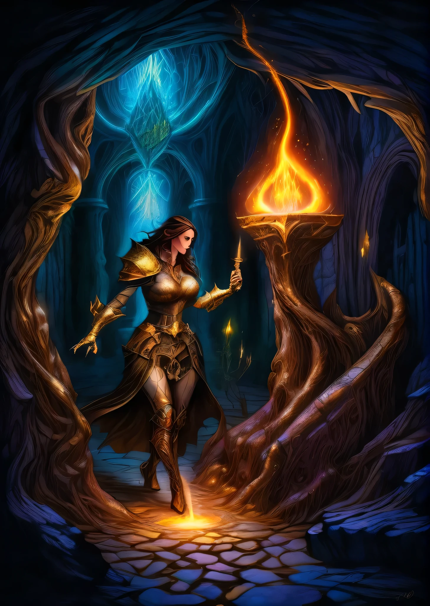 1girl 
In the dimly lit Whispering Shadows Dungeon, Seraphina, the elf rogue, stands poised for battle, her daggers gleaming in the torchlight. Before her, the formidable stone golem, with eyes ablaze, blocks her path to the fabled Crown of Starlight, its guardian duty unwavering. Around them, intricate treasure chests and cryptic runes hint at the hidden riches and ancient secrets that await discovery in the depths of this underground maze.
dark fantasy, drawing, illustration, muted color, shadows, detailed , muted color, 
   (art by Arthur Rackham)