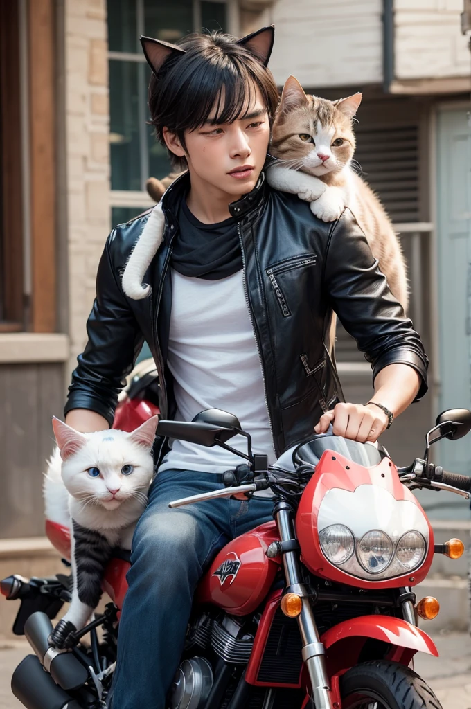 Cat crying with a motorcycle on his waist