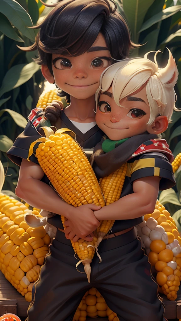 Male, boy, Peru flag, background, protecting the corn, corn bodies with eyes and smile, Peru flag, PANTHERS ANIMALS IN BACK
