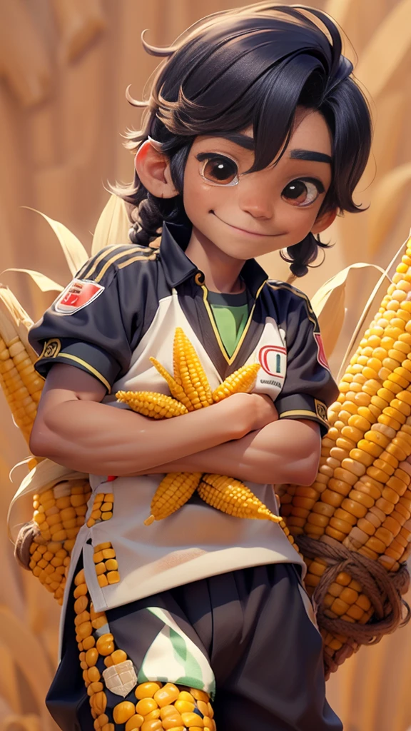Male, boy, Peru flag, background, protecting the corn, corn bodies with eyes and smile, Peru flag, PANTHERS ANIMALS IN BACK