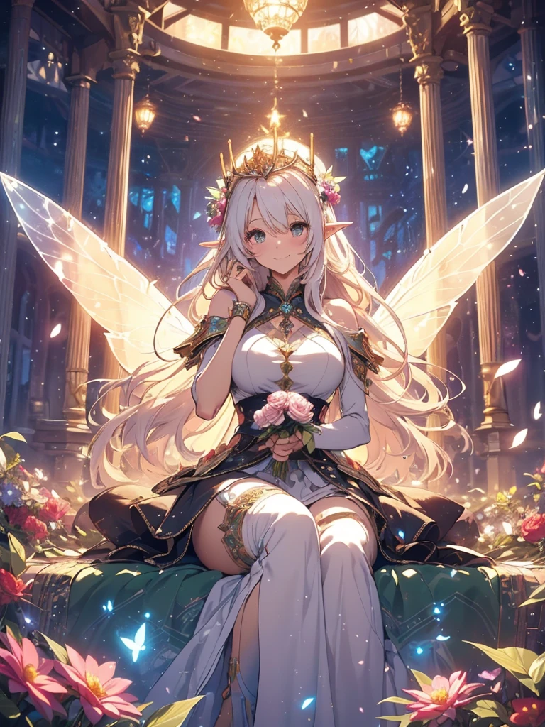 最high quality、1woman elf 、Beautiful foam、、CourtyardShining fairy wings、Flower fractal art　　、see-throughbodystocking,Beautiful side shot, radiance,High-definition depiction, Realistic, 8K, Unity, beautiful Shot, light smile, Beautifully and vividly drawn, , Beautiful, beautiful, clear skin、sexly,beautiful dress,Countless rays of light pouring down, Swirling Light, big background, Raise one arm above your head, Intense light is emitted from the magic circle in front of the girl.   forest、Lots of leaves、green leaves、flower、Particles of light、Bedroom at night、Magic Palace、Fairy tale、
Romanticism,Cowboy Shot: The most beautiful form of chaos, Mr..々colour, Intertwined flowers, Particle,magical gentle light,smile,sexly,image quality、masterpiece、Beautiful Face、Super beautiful elf woman((Big breasted 22 year old office lady、Bust 100,Beautiful long ironed hair 、bionde hair,height: 165cm。、sexly、ANDsbian、、high quality、、Visual art、Written boundary depth、、ANDlf ANDars、、universe、Happy smile、gentle light、ANDlf forest、elegant、ticker beautiful decorative、、magic、forest、beautiful tiara、Beautiful bed、Beautiful Landscape、A kind smile、wonderful、Fluttering petals、Dance happily、、Cultivate fantasy、、Mystery light　Lots of flowers、、art、forest, palace, art,mystery,Ultra-high resolution,atmosphere A colorful and dreamy anime-style illustration of a young girl with beautiful hair, sitting amidst a vibrant, mechanical landscape. She is wearing a casual outfit with mechanical leg armor, surrounded by a kaleidoscope of colors and glowing lights. The background is filled with whimsical details and a magical atmosphere. --ar 3:4 --style raw --stylize 600 --niji 6、Throne
