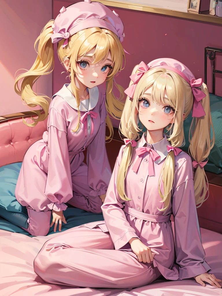 an adult woman, blonde with two pigtails with a bow each pink, pink jumpsuit dress, she has blue eyes, a pink hat on her head, she is in her room alone on her bed