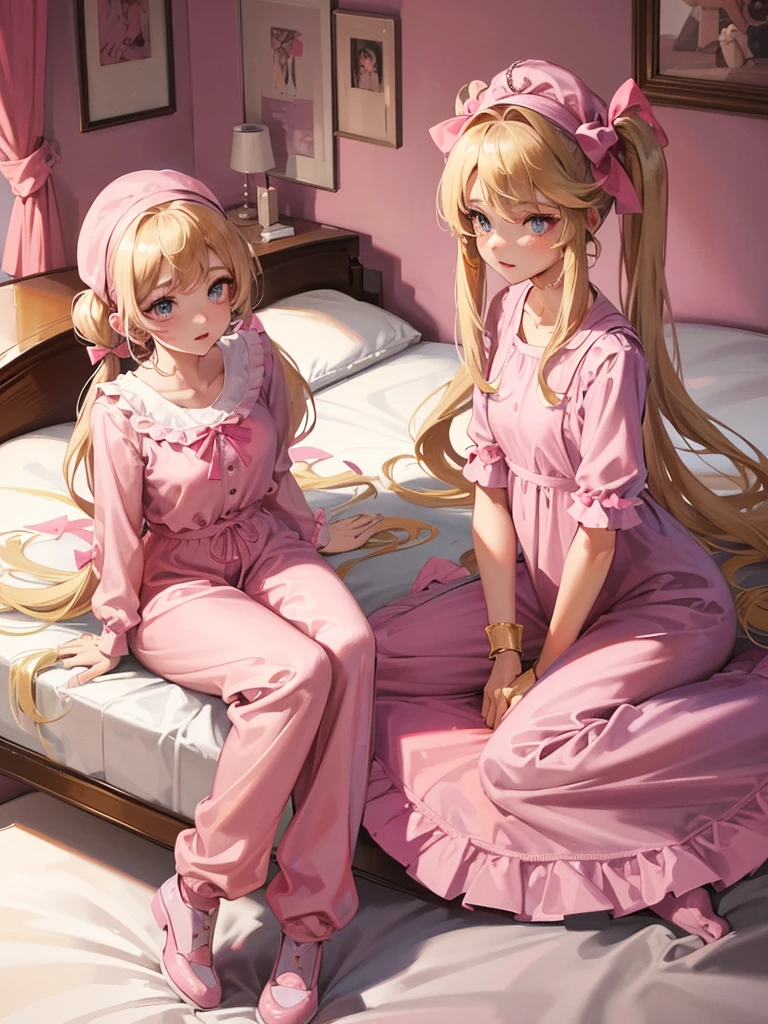 an adult woman, blonde with two pigtails with a bow each pink, pink jumpsuit dress, she has blue eyes, a pink hat on her head, she is in her room alone on her bed