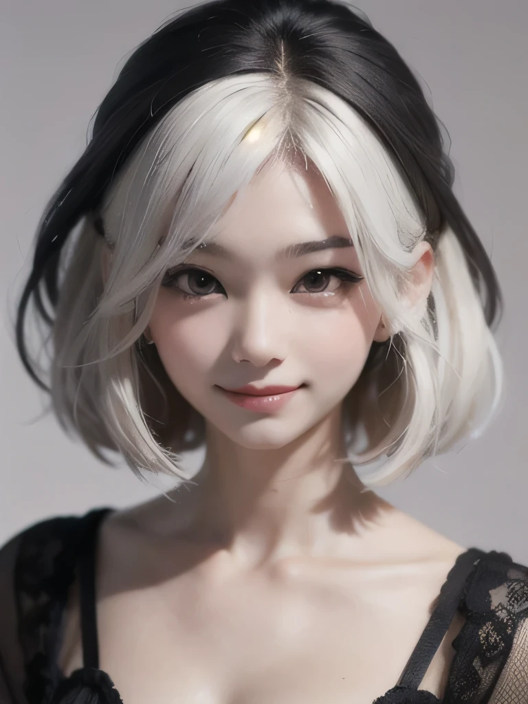 ((best quality)), ((masterpiece)), (detailed), perfect face. White hair. Anime girl. Short hair. Asian girl. Ulzzang. Smile. V neck. 