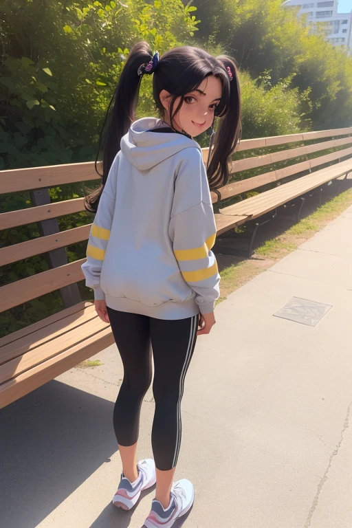 ((best quality), (hyperrealisti), mh-yk, 1 girl, standing alone, Bblack hair, eyes browns, long hair, wears a light gray sweatshirt set and running shoes,, big and fit ass,, twintails, Ar complete, hair rings, gazing at viewer,sweaty after running in the park,next to a wooden bench,gazing at viewer com um sorriso malicioso bastante chamativo