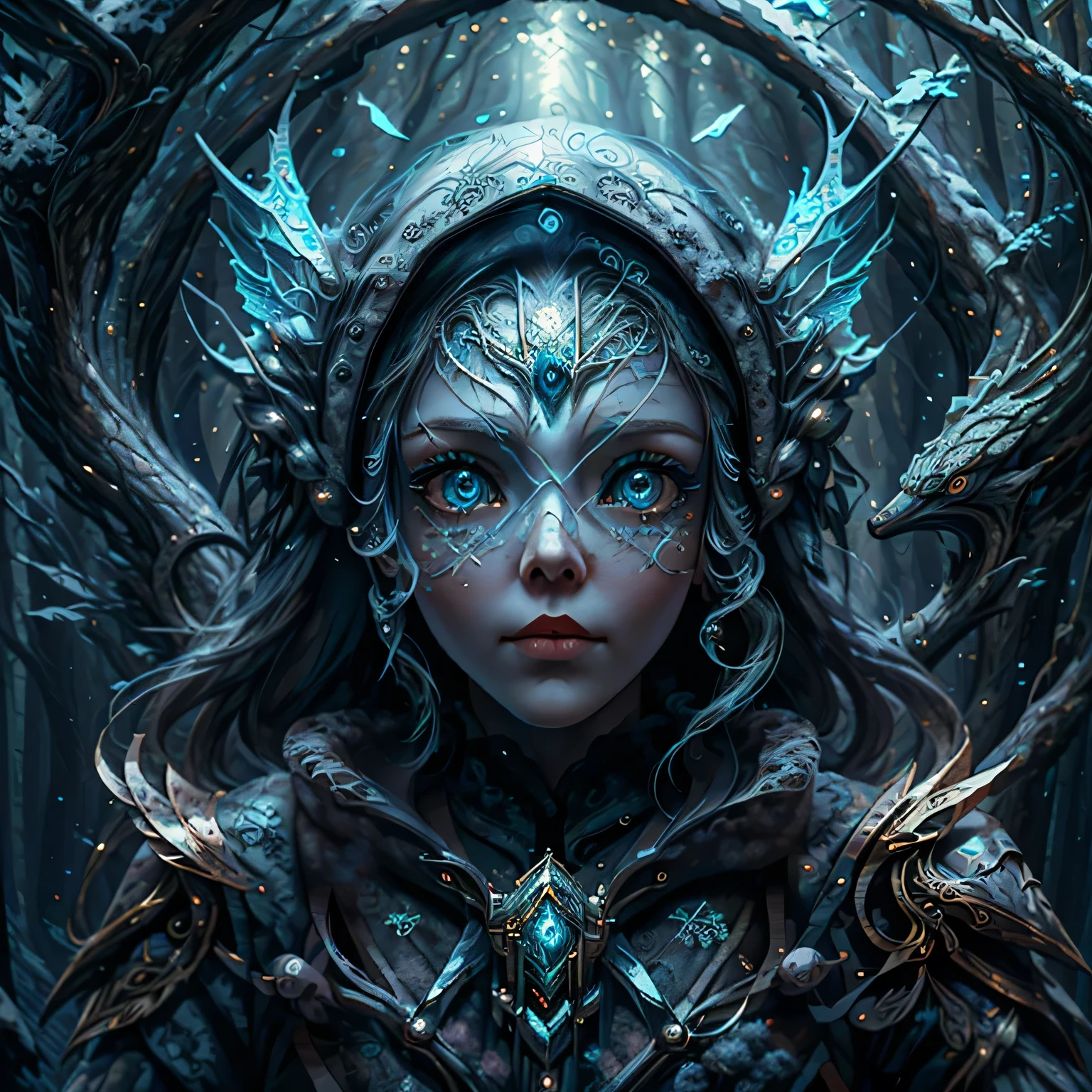 High quality, Ukrainian fairy winter snow through the woods about 10 years old, blue eyes, Smooth skin, ((Best quality, 8K, Masterpiece :1.3)), 1girll, Pretty girl , leisure wear :1.2, In the forest, Ultra-detailed face, Detailed eyes, double eyelid