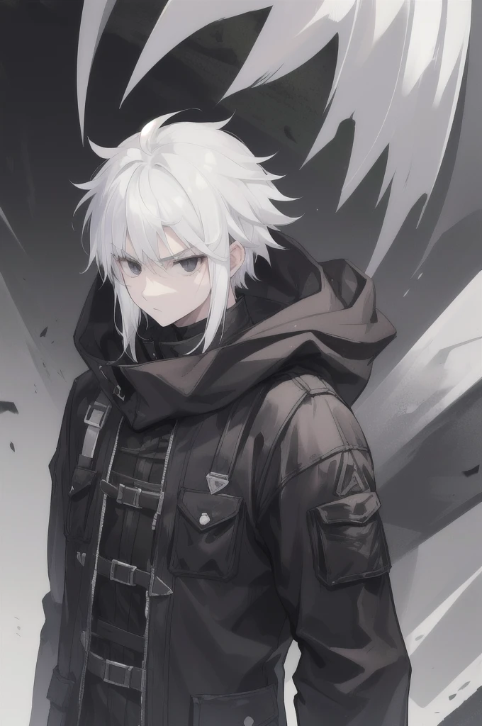 boy, white hair, black eyes, black hunter clothing, serious face