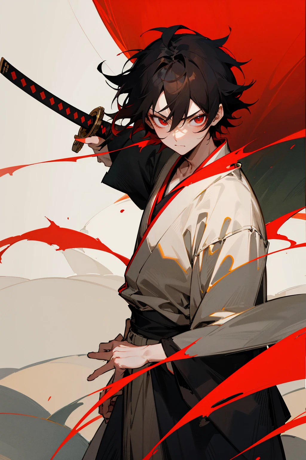 Forest Background, Masterpiece Quality, Perfect Generation, , Detailed Eyes, , Red And Black Short Messy Hair, White And Red Haori, Determined Expression,, , , Standing, Facing Viewer, Male, , Clothed, Kimono, Night, , , Sheathed Katana on hip, Standing In Forest,