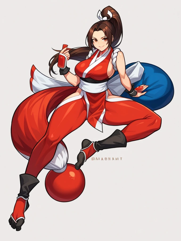 This image features Mai Shiranui, a popular character from the "Fatal Fury" and "The King of Fighters" series, depicted in a highly detailed and dynamic pin-up style. Mai is shown reclining provocatively with her legs raised, emphasizing her iconic red kunoichi outfit, which includes a revealing bodysuit and white sash. Her long brown hair is tied in a ponytail with a white ribbon, and she has a playful yet sultry expression on her face. The art style is polished and vibrant, focusing on detailed anatomy and smooth shading to highlight her curves and the glossy texture of her clothing.

**AI Art Prompts:**
- "A highly detailed digital painting of Mai Shiranui from The King of Fighters, reclining provocatively with legs raised, wearing a revealing red kunoichi outfit with a white sash, long brown hair in a ponytail, sultry expression, polished and vibrant style, smooth shading, and detailed anatomy, white background."
- "Dynamic pin-up style illustration of Mai Shiranui, in a red bodysuit with a white sash, long brown ponytail, playful expression, detailed anatomy, polished finish, glossy clothing, vibrant colors, and smooth shading."

### Expression Description
Mai Shiranui's expression can be described as a playful yet sultry look, with a slight smile and eyes that convey a mix of confidence and flirtation. This expression is often used to highlight her seductive and mischievous personality.