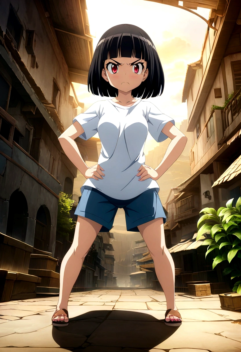 whole body、Standing with your legs apart、Red Eyes、angry、Hands on hips、真summer、summer、Sunshine、、angry、Spiteful eyes、、Black Hair、blunt bangs、White shirt,1 girl, 2D CG, Advanced digital anime art, anime character