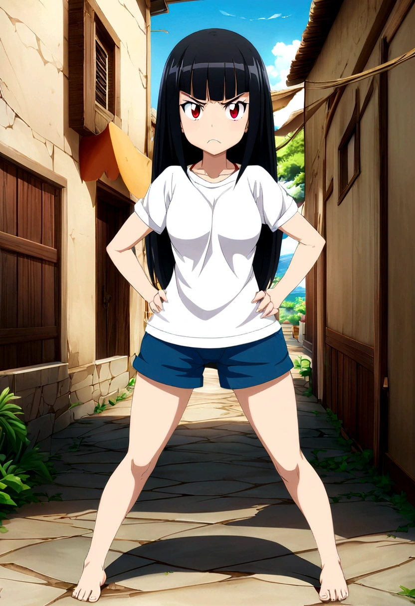 whole body、Standing with your legs apart、Red Eyes、angry、Hands on hips、真summer、summer、Sunshine、、angry、Spiteful eyes、、Black Hair、blunt bangs、White shirt,1 girl, 2D CG, Advanced digital anime art, anime character