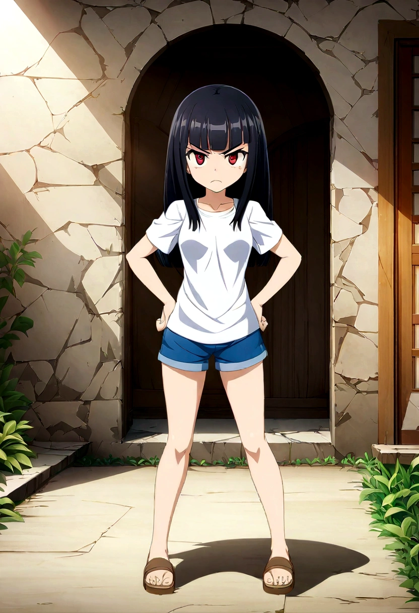 whole body、Standing with your legs apart、Red Eyes、angry、Hands on hips、真summer、summer、Sunshine、、angry、Spiteful eyes、、Black Hair、blunt bangs、White shirt,1 girl, 2D CG, Advanced digital anime art, anime character
