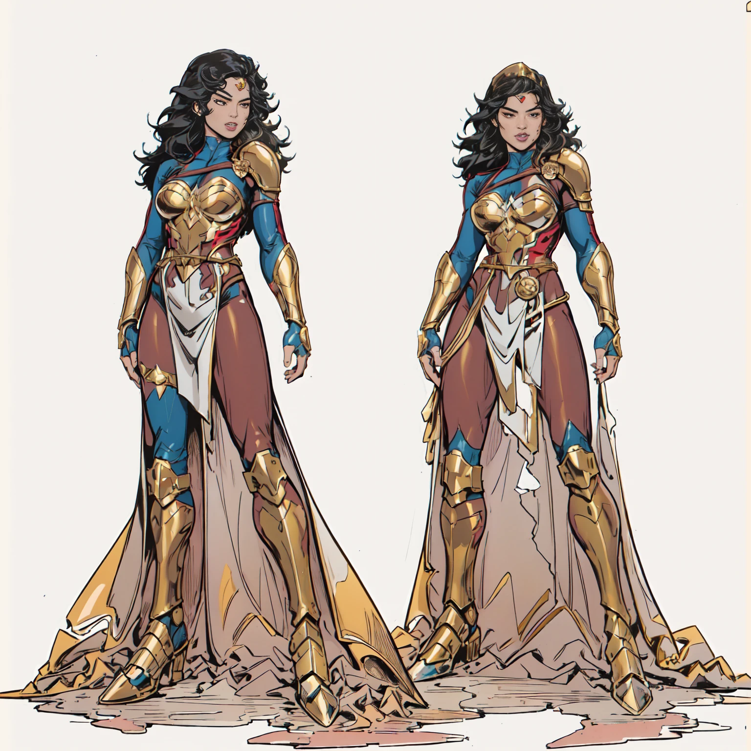 ((Full body photo,standing, feet on the ground)) 2girl, Gal gadot, (perfect anatomy), (perfect face and eyes) (undeformed eyes), armor covers the whole body, full armor great details, art, full body, with gold cowboy lace at the waist, artwork, full body, with golden boots.
