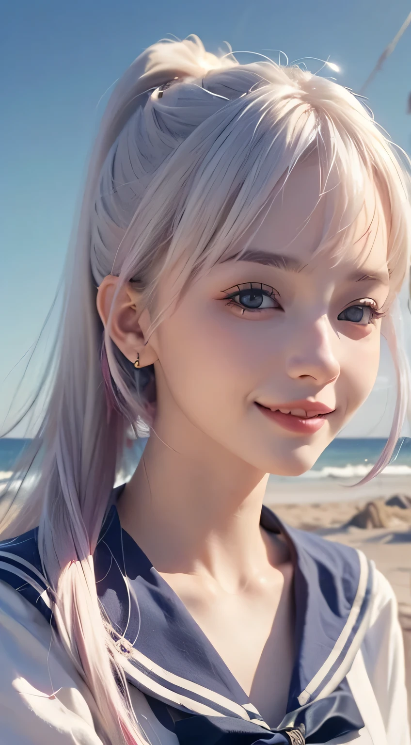Best quality at best,tmasterpiece,Extremely Delicately Beautiful,The content is very detailed,CG,gatherings,8k wallpaper,An Astonishing,depth of fields,1 Chinese girl,very beautiful look,delicate skin,Flawless Face,plain face,white color hair,Long white hair,high ponytails,There are two strands of white hair on both sides of the ears,Wear pink hair accessories,Eye color is sky blue,Elaborate Eyes,Eyes sparkle,grin face, Put on a sailor suit、medium 、Have by the sea、(On the beach)、 light, realistically, tmasterpiece, Best quality, Complex CG, The face is very detailed, high detail eyeull bodyesbian locked,Full body lesbian
