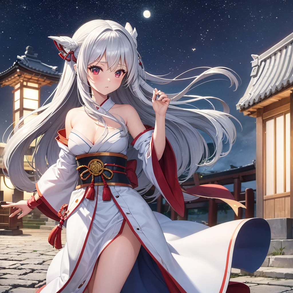 ((High resolution, silver hair, long hair, shrine maiden, white band, goddess of victory, lonely, sadness)) ((blue butterfly, night, Japanese style, mystery, shoulder, shining aura)) (prayer, dance), moon, stars, catch the wind, winter
