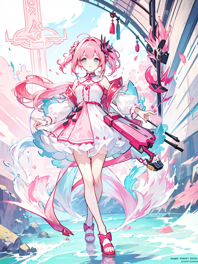 fantasy world girl with colorful hair, accessories, detailed clothes, pink hair, white and red clothes, short dress