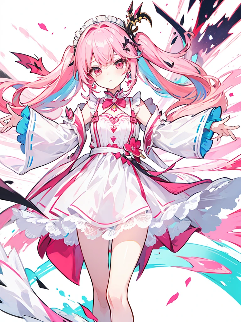fantasy world girl with colorful hair, accessories, detailed clothes, pink hair, white and red clothes, short dress