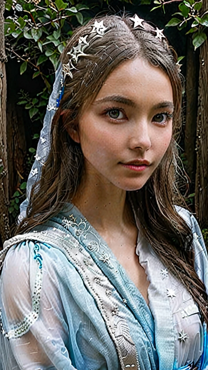 “A young female guardian spirit with a quiet strength and ancient wisdom. She has long, silver hair that shimmers like moonlight. Her large, expressive blue eyes can peer into the soul of those she gazes upon. Her skin has a translucent quality, as if she is cloaked in light. Adorned in a robe decorated with white and silver, it is delicately patterned with stars that seem to shift like constellations as she moves. The guardian spirit maintains a composed demeanor and graceful poise, while harboring deep affection and a protective instinct for those she guards. She also has a strong connection to the natural world, able to communicate with animals and plants.”