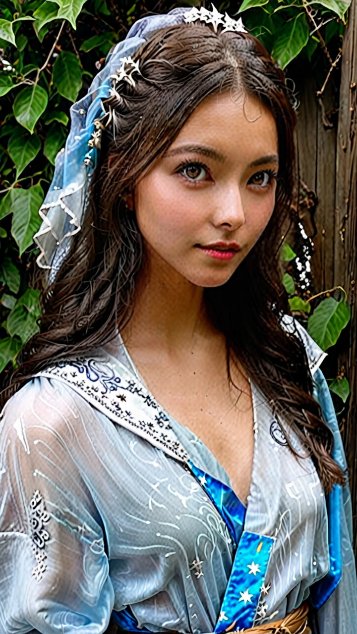 “A young female guardian spirit with a quiet strength and ancient wisdom. She has long, silver hair that shimmers like moonlight. Her large, expressive blue eyes can peer into the soul of those she gazes upon. Her skin has a translucent quality, as if she is cloaked in light. Adorned in a robe decorated with white and silver, it is delicately patterned with stars that seem to shift like constellations as she moves. The guardian spirit maintains a composed demeanor and graceful poise, while harboring deep affection and a protective instinct for those she guards. She also has a strong connection to the natural world, able to communicate with animals and plants.”