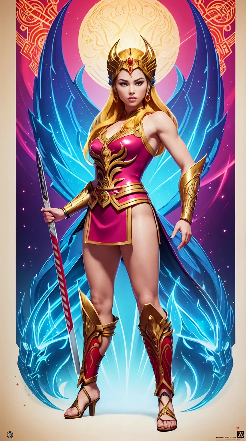 ((Full body photo, standing, feet on the ground))  She-ra, TM Samurai, intricate face details, poster style, icons, vibrant colors, vector style, digital art, 4K, intricate details, mesmerizing, professionally made, beautiful vector illustration, 12K resolution, 3D, all characters in detailed full body, highly detailed, vibrant, ultra high quality, Hyperrealism, Photorealism, octane render]