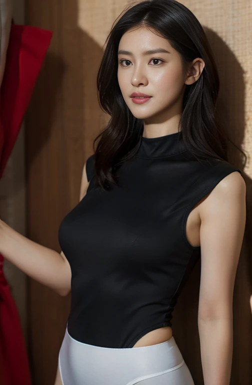 Best image quality, Excellent details, Ultra-high resolution, (realism: 1.4), ((close:0.75)), A very condensed woman, Beautiful and delicate facial features, Perfect Proportions, Target your audience, ((Target your audience)), (slim:0.3, Big Breasts、), (Fabric color base ratio black:0.4 White:0.5. Other colors:0.1), (Wearing a rash guard and preferring a police uniform, Black and grey mech, Wearing a high-tech nylon military suit, Military Harness, Has a machine gun, Carrying a high-tech flame-throwing tank), captain, Background Simple gray wall,Show as much skin as possible、The ultimate erotic revealing wear、Confident々Show off your lower body、