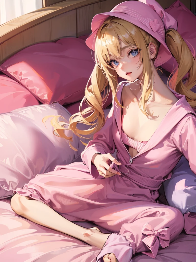 an adult woman, blonde with two pigtails with a bow each pink, pink jumpsuit dress, she has blue eyes, a pink hat on her head, she is in her room alone on her bed