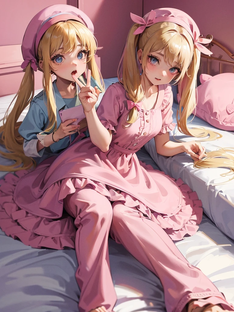 an adult woman, blonde with two pigtails with a bow each pink, pink jumpsuit dress, she has blue eyes, a pink hat on her head, she is in her room alone on her bed