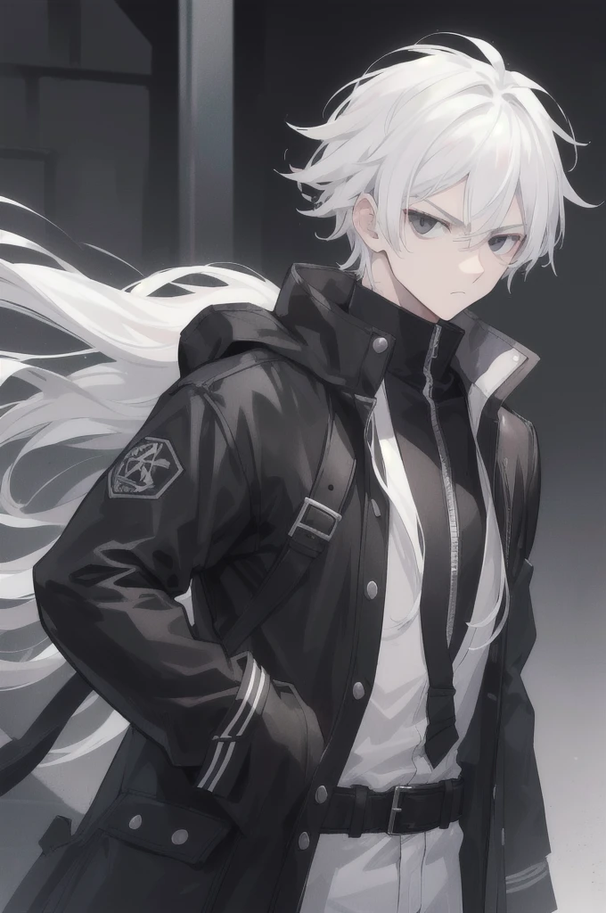 boy, white hair, black eyes, black hunter clothing, serious face