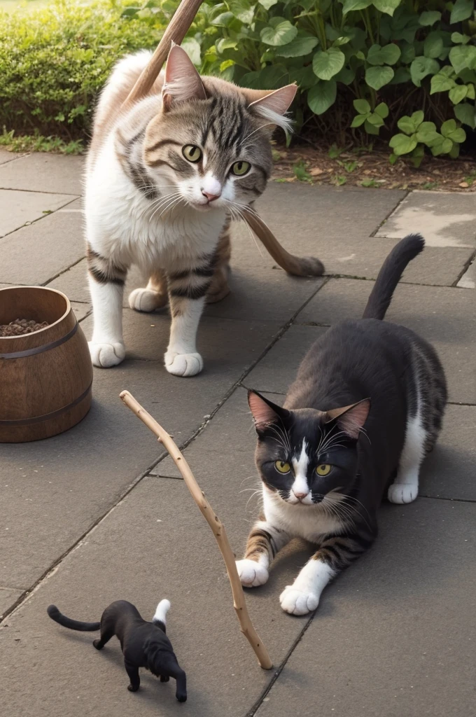 Cat playing with a dog with a stick