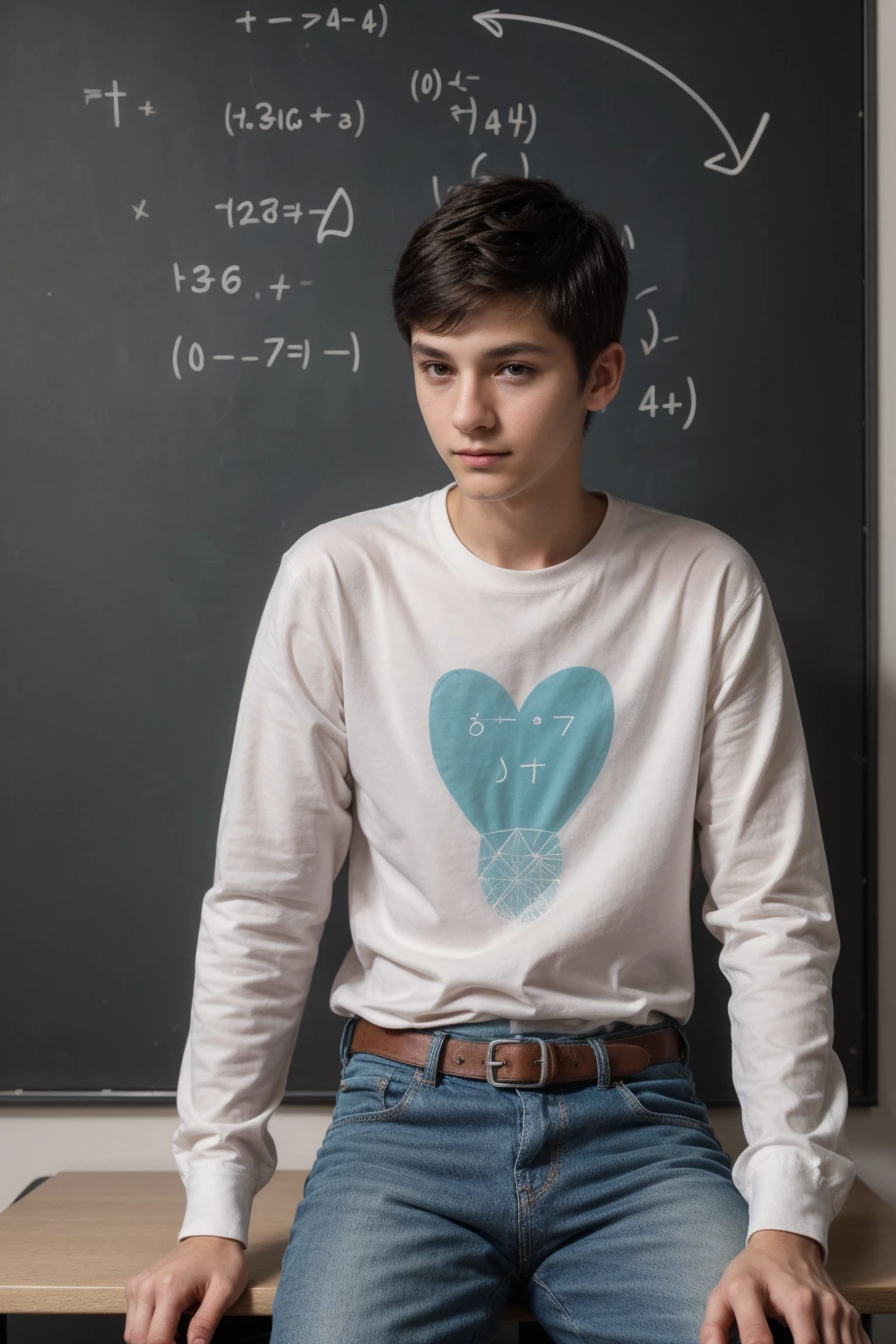 A beautiful young twink, a cute male with black hair. He is wearing a white long-sleeved shirt and aqua blue jeans. He is sitting in his office, and behind him is a blackboard with calculus, mathematical equations, and the shape of the brain and its anatomy written on it, and he looks on proudly.