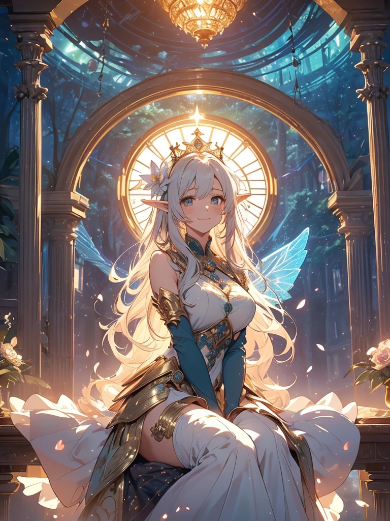 最high quality、1woman elf 、Beautiful foam、、CourtyardShining fairy wings、Flower fractal art　　、see-throughbodystocking,Beautiful side shot, radiance,High-definition depiction, Realistic, 8K, Unity, beautiful Shot, light smile, Beautifully and vividly drawn, , Beautiful, beautiful, clear skin、sexly,beautiful dress,Countless rays of light pouring down, Swirling Light, big background, Raise one arm above your head, Intense light is emitted from the magic circle in front of the girl.   forest、Lots of leaves、green leaves、flower、Particles of light、Bedroom at night、Magic Palace、Fairy tale、
Romanticism,Cowboy Shot: The most beautiful form of chaos, Mr..々colour, Intertwined flowers, Particle,magical gentle light,smile,sexly,image quality、masterpiece、Beautiful Face、Super beautiful elf woman((Big breasted 22 year old office lady、Bust 100,Beautiful long ironed hair 、bionde hair,height: 165cm。、sexly、ANDsbian、、high quality、、Visual art、Written boundary depth、、ANDlf ANDars、、universe、Happy smile、gentle light、ANDlf forest、elegant、ticker beautiful decorative、、magic、forest、beautiful tiara、Beautiful bed、Beautiful Landscape、A kind smile、wonderful、Fluttering petals、Dance happily、、Cultivate fantasy、、Mystery light　Lots of flowers、、art、forest, palace, art,mystery,Ultra-high resolution,atmosphere A colorful and dreamy anime-style illustration of a young girl with beautiful hair, sitting amidst a vibrant, mechanical landscape. She is wearing a casual outfit with mechanical leg armor, surrounded by a kaleidoscope of colors and glowing lights. The background is filled with whimsical details and a magical atmosphere. --ar 3:4 --style raw --stylize 600 --niji 6、Throne