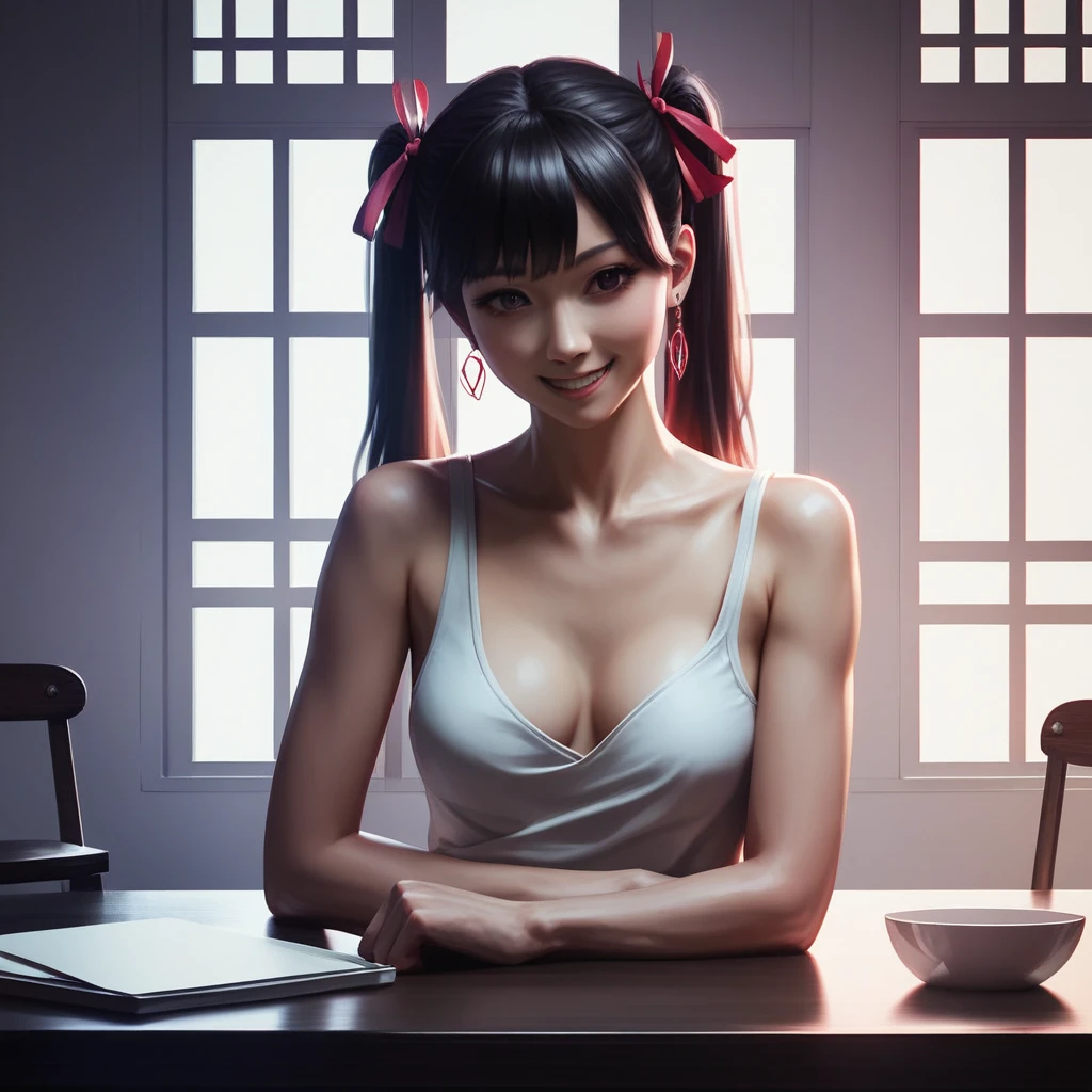 (NSFW),(realistic:1.3), in detail, quality, rembrandt lighting, (table top:1.2), (realistic:1.2), (최고의 quality), (detailed skin:1.3), (intricate details), dramatic, ray tracing, Break one woman., Korean-Japanese mixed-race woman, smiling,(black hair 1.4), twintail hair, Twin Loop Hair, split bangs, ihighlight 21 years old, medium chest, earring, jirai fashion, short dress, wrinkle, race, Bow ribbon, break (seoul 거리에서, seoul, sunny day), break