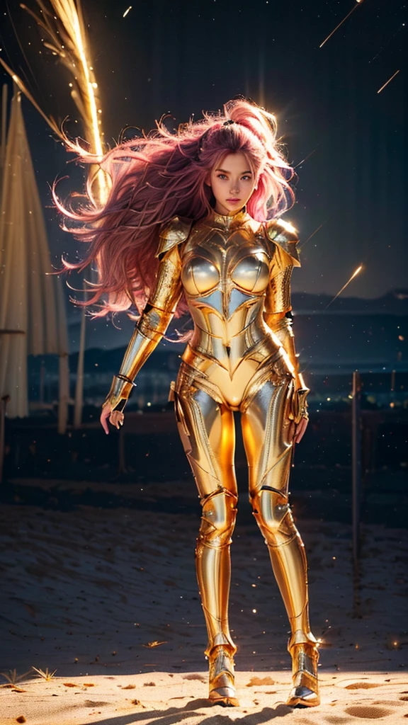 ((best quality)), ((masterpiece)), ((full body photograph)), ultra details armor, ultra details skin, sharp armor texture, crisp picture, 1girl, 20 years old, extremely cute, slim face, ((full make ups)), ((pink blush)), ((red lips)), ((long wavy white hair)), ((grey hair)), ((hair blown by strong winds)), ((wearing tight steel-armor)), full steel armor, ((tight latex panty)), ((thighs armor)), ((slim body shape)), ((gold and black armor)), long sword, shield, no head cover, ((symmetrical body pose)), epic backlights, night at beach, full of stars, nebula sky, aurora Borealis, shooting stars, from belowl